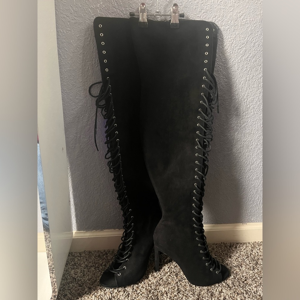 Black, Open Toe, Lace Up, Thigh High Boots